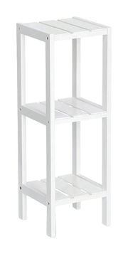 Weißes Standregal mit drei Ablagen, aus seitlicher Perspektive fotografiert.