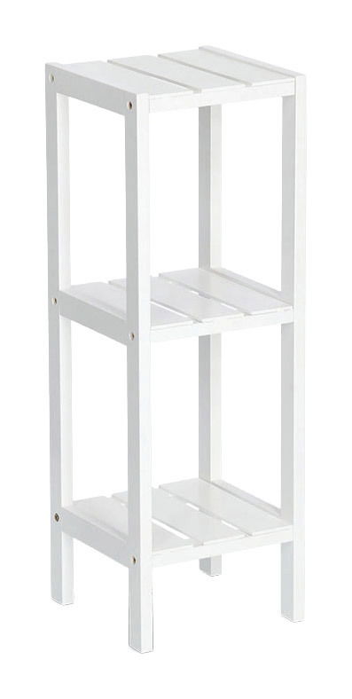 Weißes Standregal mit drei Ablagen, aus seitlicher Perspektive fotografiert.