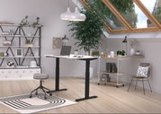 Moderner höhenverstellbarer E-Schreibtisch in einem stilvollen, hellen Raum mit Dachfenster, Pflanzen und minimalistischer Dekoration, seitliche Perspektive.