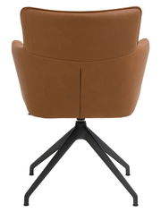 Rückansicht eines braunen Sessels mit schwarzem Metallgestell und vier Beinen.