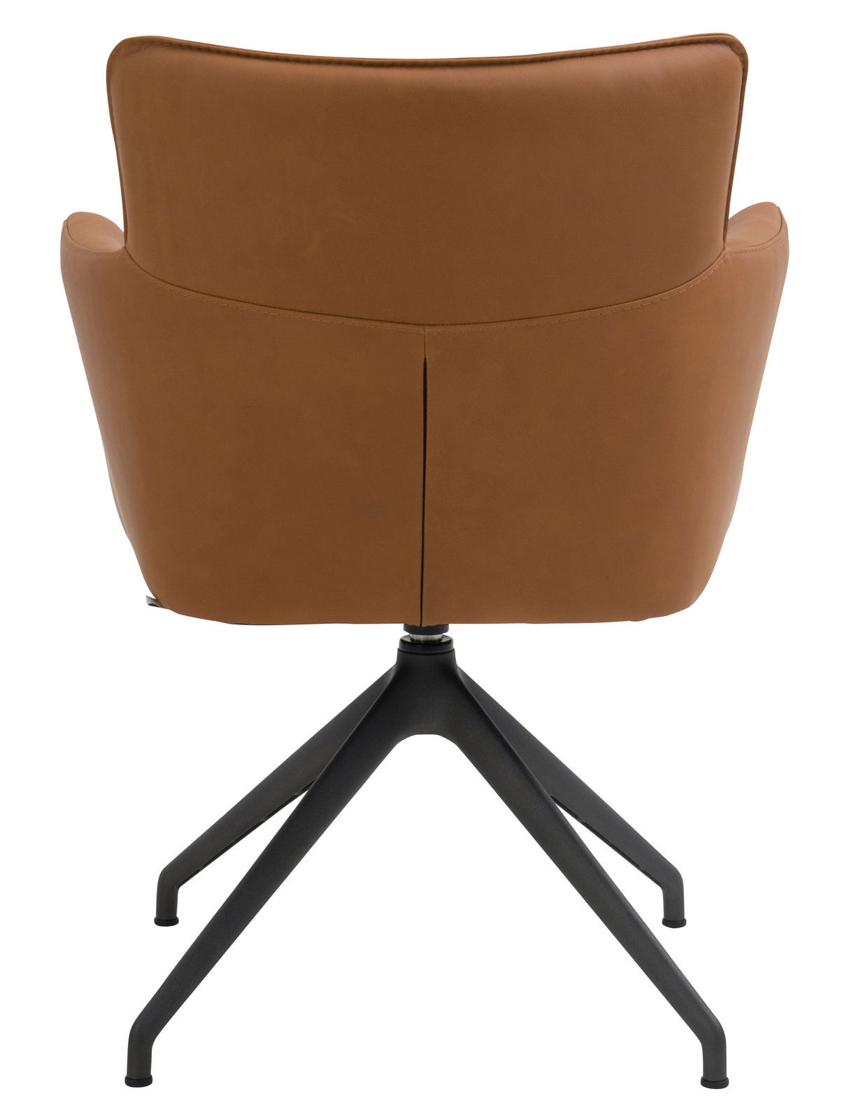 Rückansicht eines braunen Sessels mit schwarzem Metallgestell und vier Beinen.