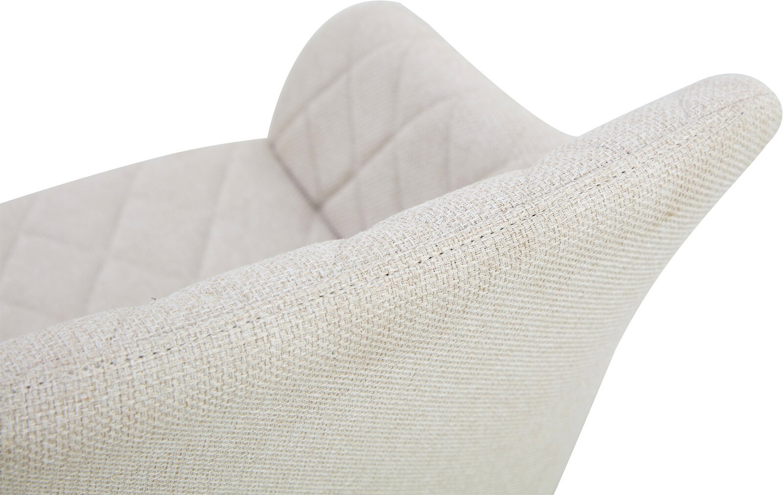 Nahaufnahme eines hellbeigen, strukturierten Sofasessels mit gepolsterter Rückenlehne, schräg von oben in Seitenansicht freigestellt auf weißem Hintergrund