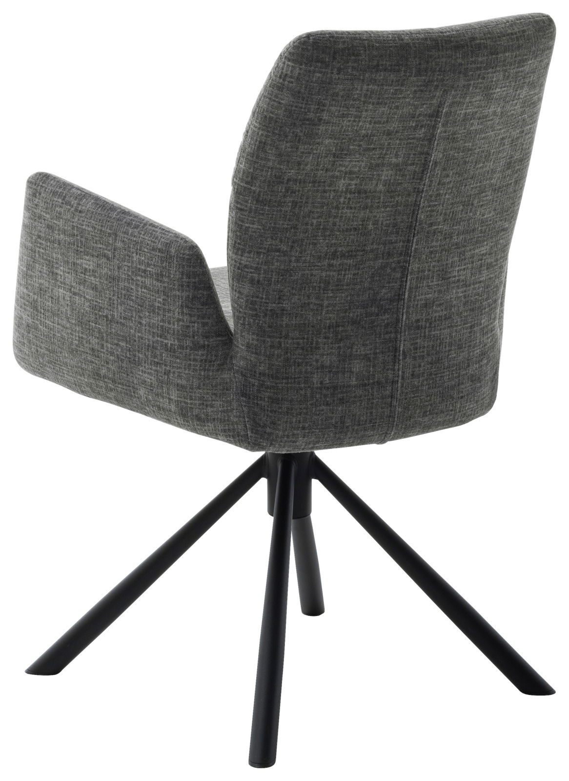 Grauer Sessel mit Stoffbezug und schwarzem Metallgestell, Rückansicht