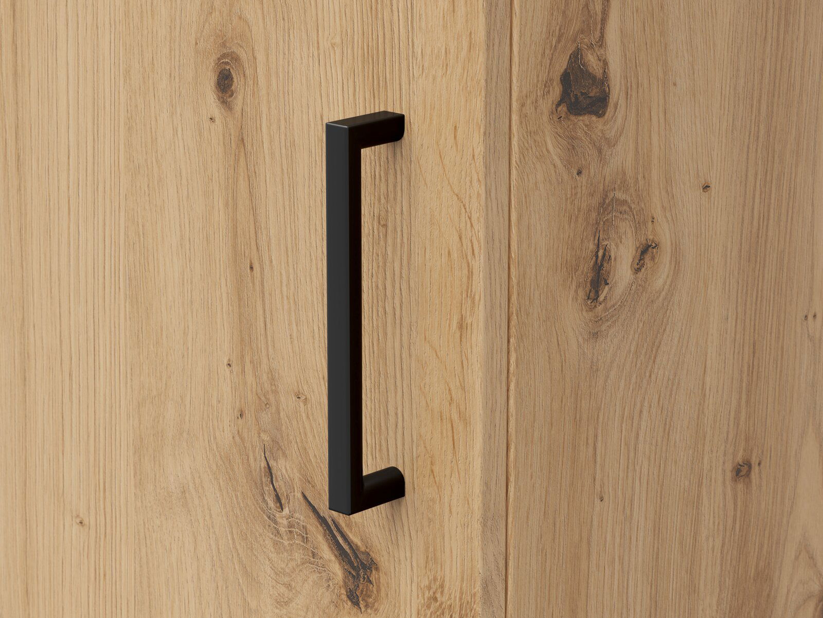 Nahaufnahme eines Holzschranks mit schwarzem Griff, Frontansicht