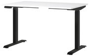 Moderner E-Schreibtisch mit weißer Tischplatte und schwarzen, höhenverstellbaren Beinen, seitliche Perspektive