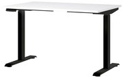 Moderner E-Schreibtisch mit weißer Tischplatte und schwarzen, höhenverstellbaren Beinen, seitliche Perspektive