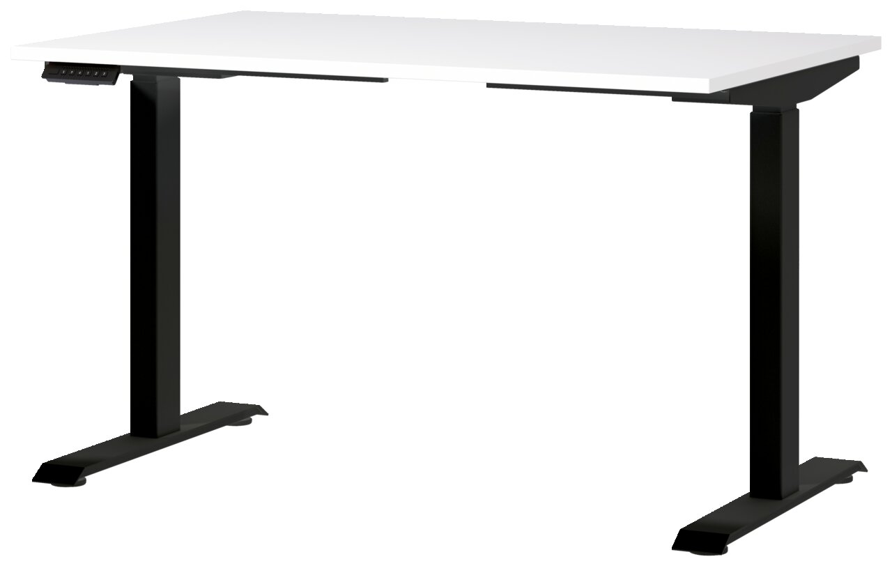 Moderner E-Schreibtisch mit weißer Tischplatte und schwarzen, höhenverstellbaren Beinen, seitliche Perspektive