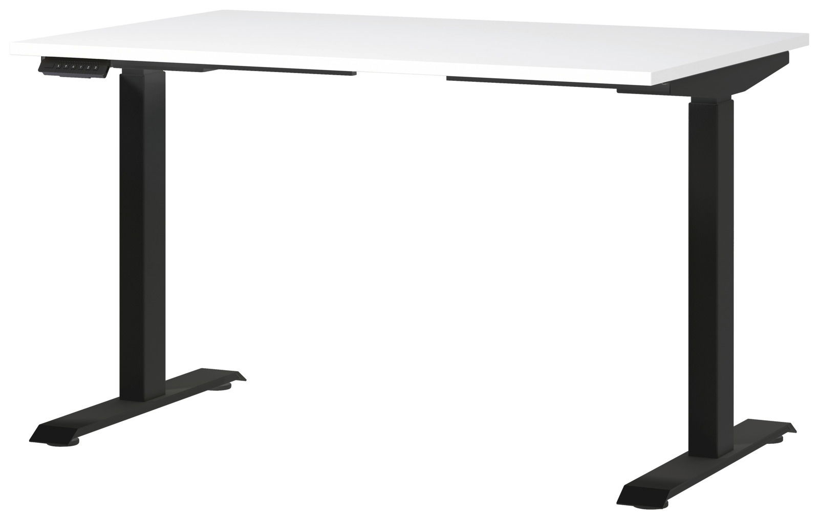 Moderner E-Schreibtisch mit weißer Tischplatte und schwarzen, höhenverstellbaren Beinen, seitliche Perspektive