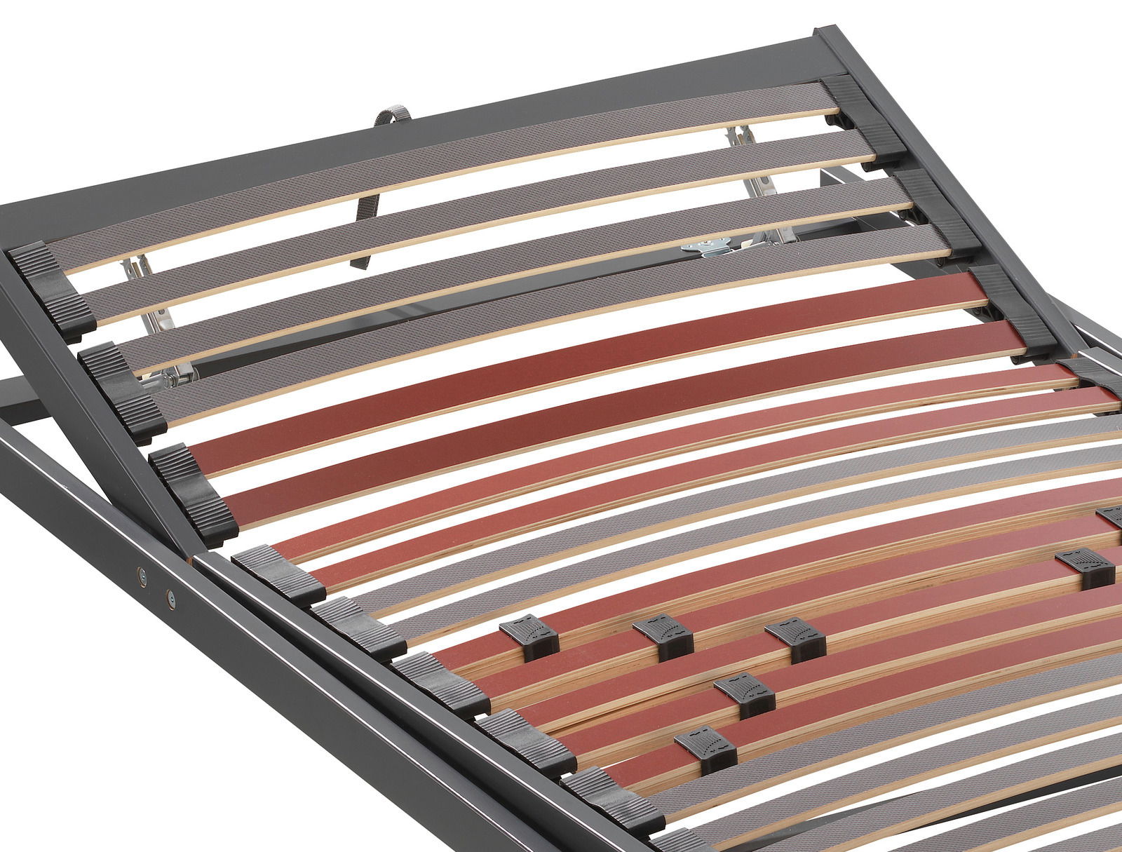 Nahaufnahme eines verstellbaren Federholzrahmens mit farbigen Leisten in Rot und Grau.