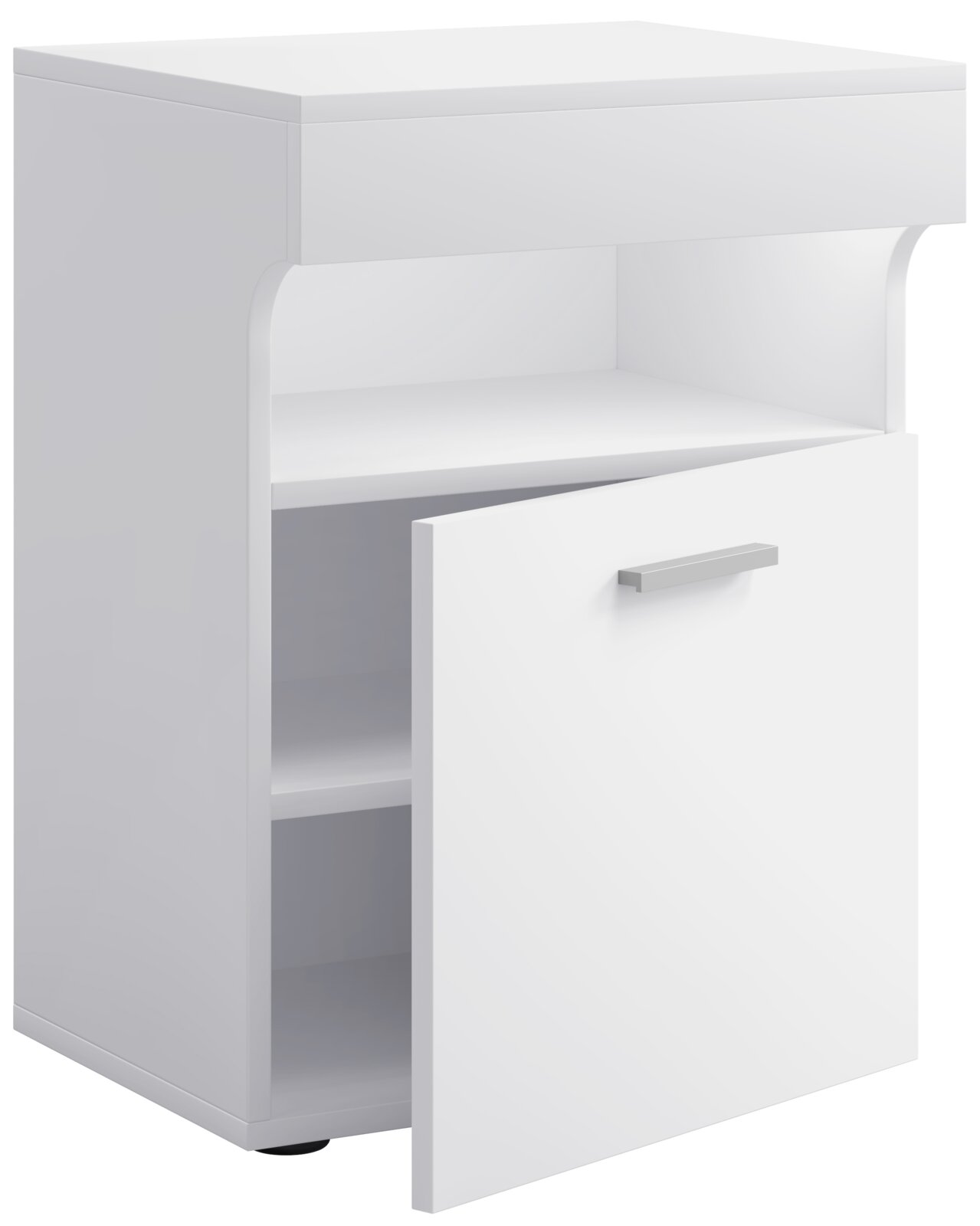 Weißer Badezimmerschrank/Unterschrank mit offener Ablage und geöffneter Tür mit silbernem Griff, freigestellt auf weißem Hintergrund, Perspektive: frontale Dreiviertelansicht von links