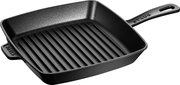 Schwarze quadratische Grillpfanne aus Gusseisen mit Rillen, seitliche Perspektive