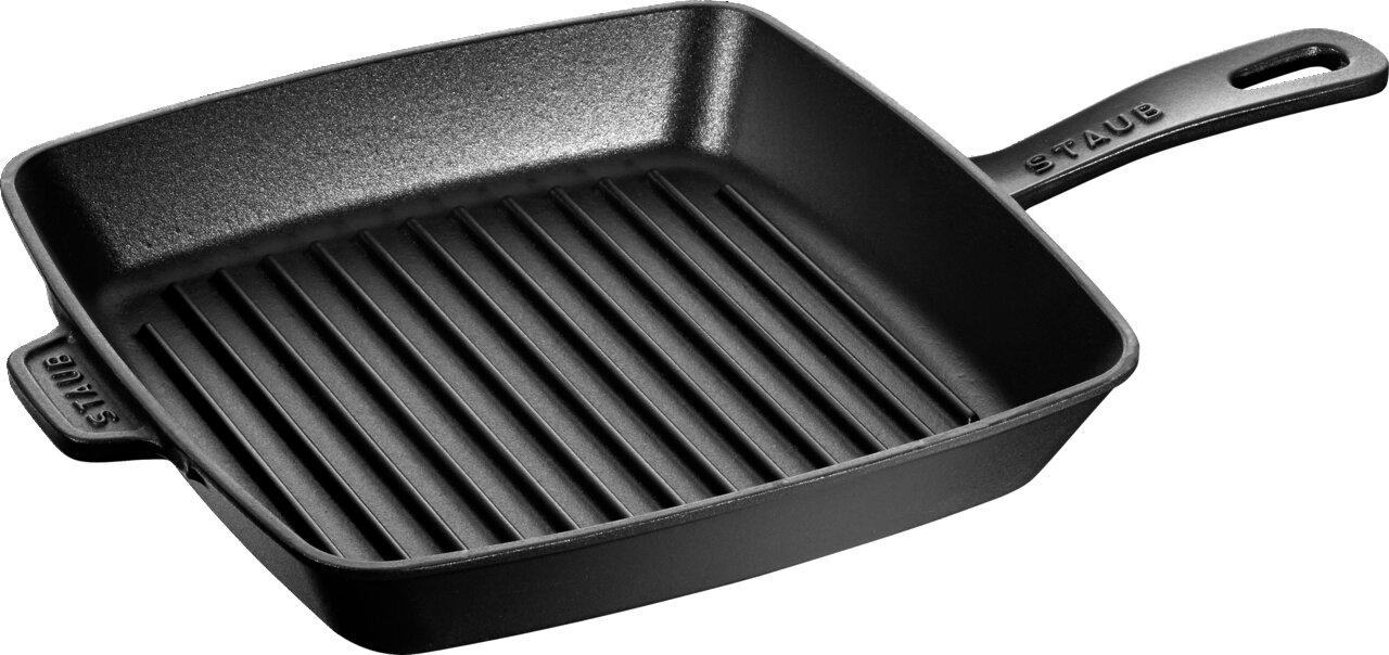 Schwarze quadratische Grillpfanne aus Gusseisen mit Rillen, seitliche Perspektive