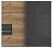Schwebetürenschrank mit zwei Türen, linke Seite in Holzoptik mit drei Schubladen, rechte Seite in dunklem Grau, Frontalansicht.