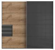 Schwebetürenschrank mit zwei Türen, linke Seite in Holzoptik mit drei Schubladen, rechte Seite in dunklem Grau, Frontalansicht.