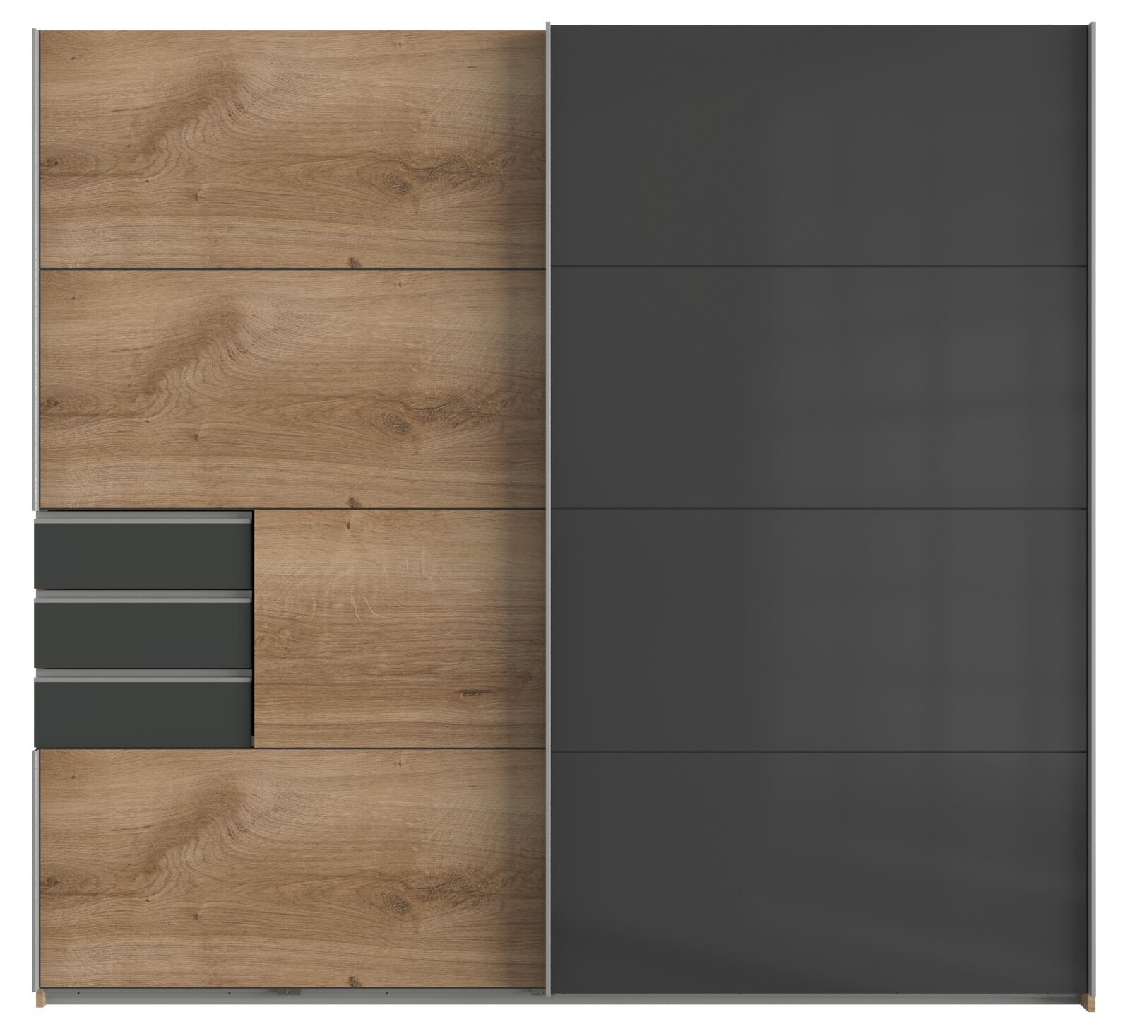 Schwebetürenschrank mit zwei Türen, linke Seite in Holzoptik mit drei Schubladen, rechte Seite in dunklem Grau, Frontalansicht.