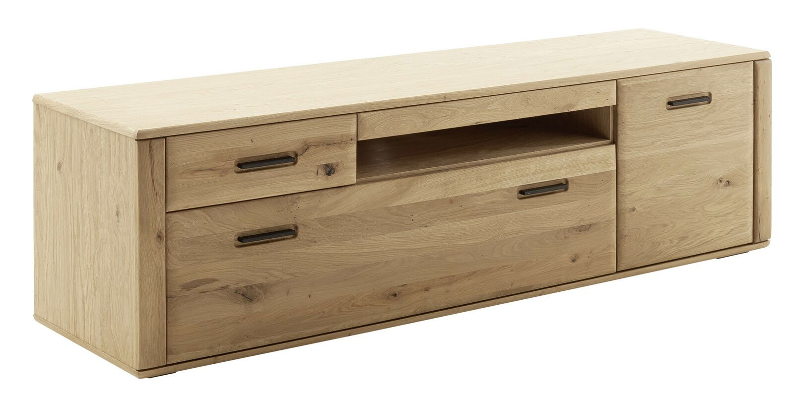 TV-Element aus hellem Holz mit Schubladen und Fächern, seitliche Perspektive