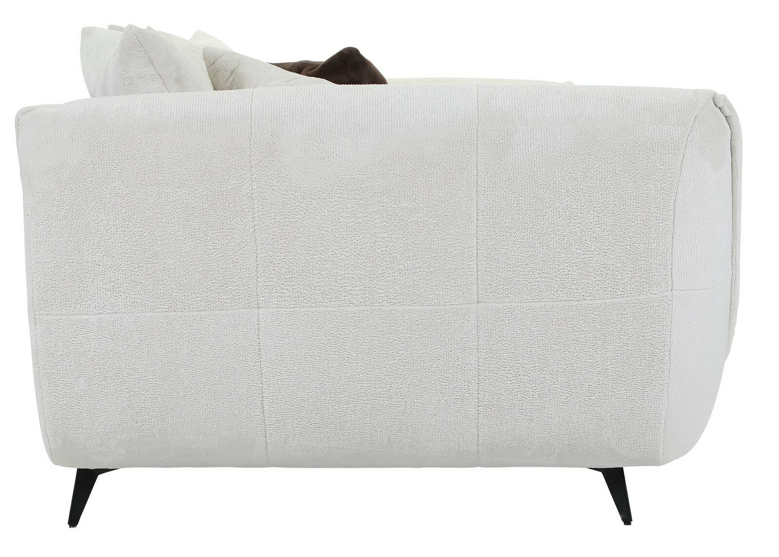 Seitenansicht eines hellen Megasofas mit schwarzen Beinen und mehreren Kissen.