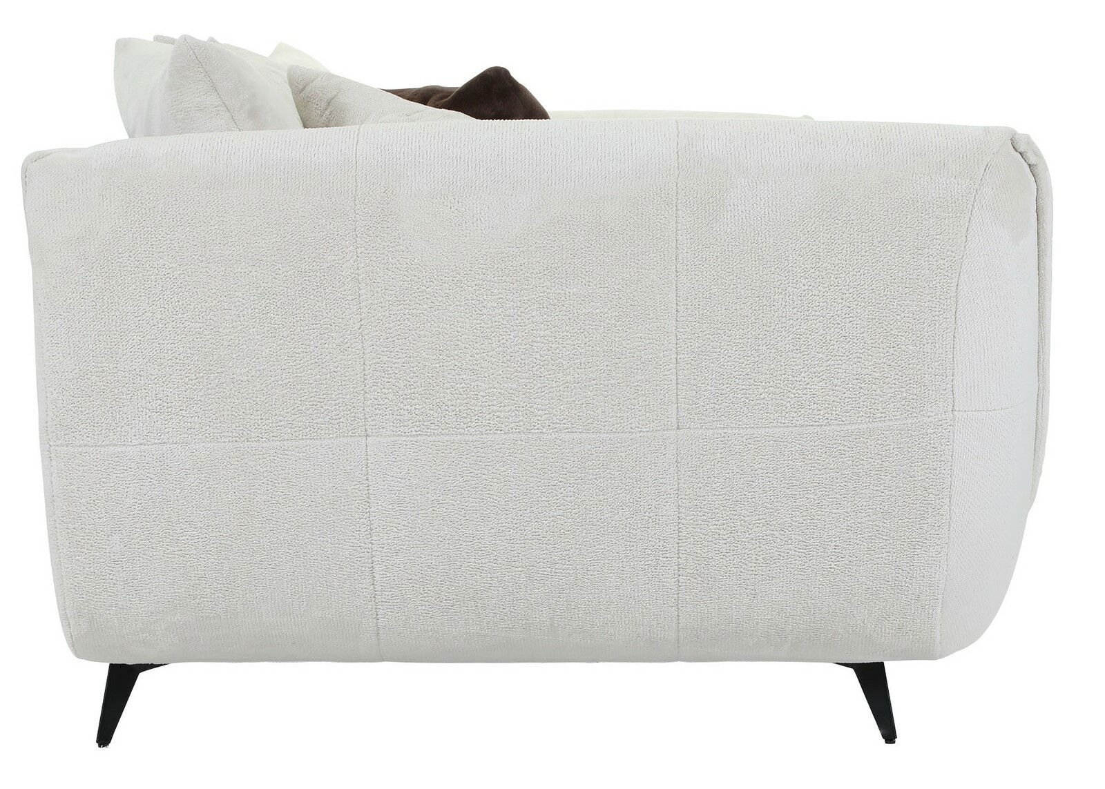 Seitenansicht eines hellen Megasofas mit schwarzen Beinen und mehreren Kissen.