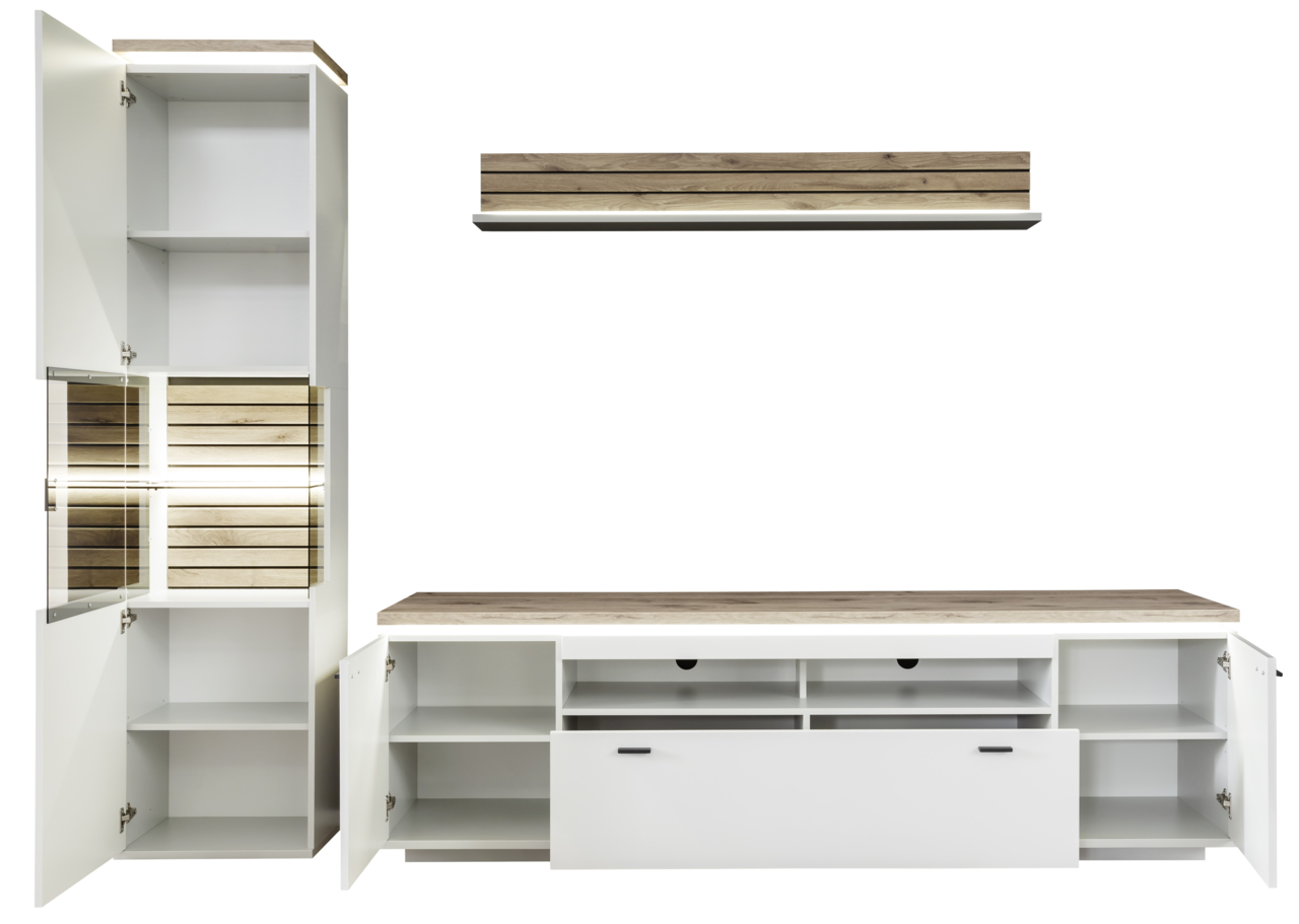 Moderne Wandkombination in Weiß mit Holzdetails, bestehend aus einem hohen Schrank mit offenen Türen und einem niedrigen TV-Schrank mit mehreren Fächern, aus frontaler Perspektive.