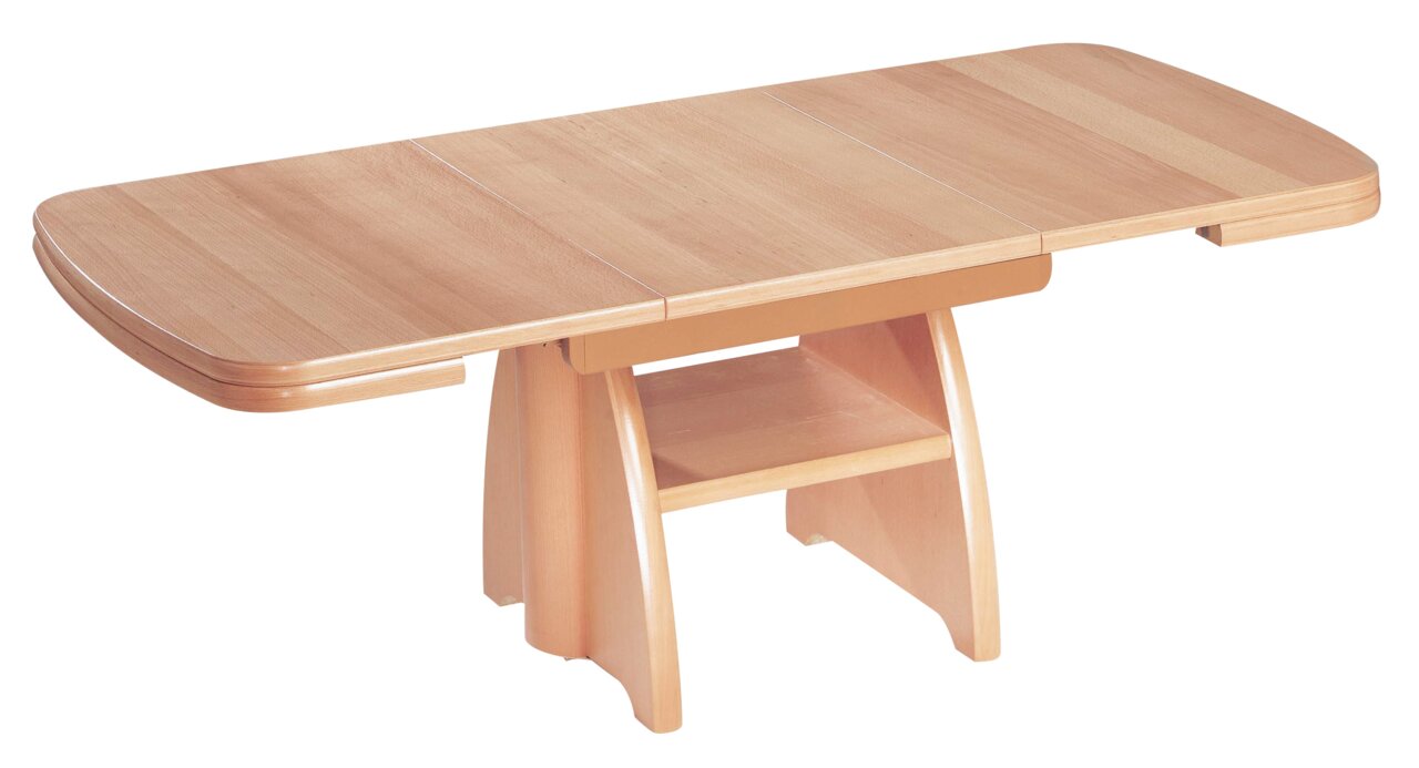 Moderne salontafel van licht hout met afgeronde hoeken en stevige poten, zijaanzicht