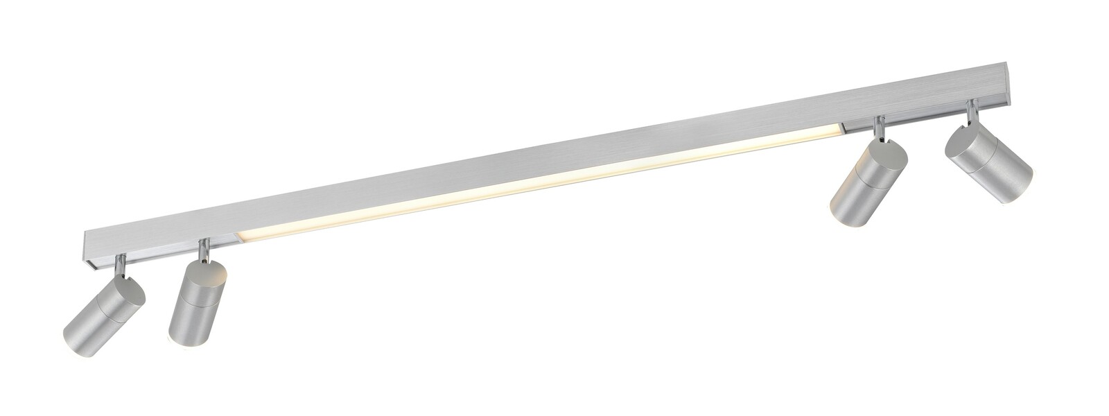 Moderne Deckenleuchte mit vier verstellbaren Spots und einem langen, schlanken Design in silberner Optik, seitliche Perspektive.