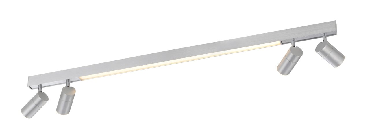 Neuhaus Pure Plafondlamp PURE-LINES Moderne Deckenleuchte mit vier verstellbaren Spots und einem langen, schlanken Design in silberner Optik, seitliche Perspektive.