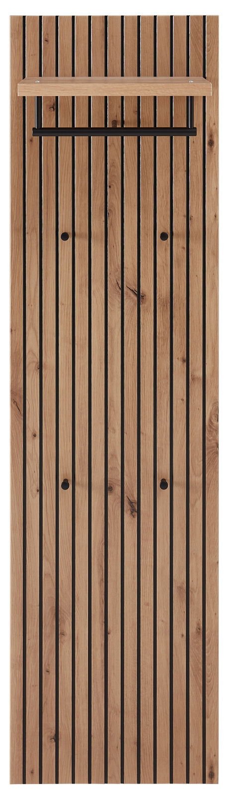 Frontale Ansicht eines Garderoben-Sets aus Holz mit schwarzen Streifen, einem Regalbrett und einer Kleiderstange.