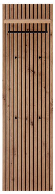 Frontale Ansicht eines Garderoben-Sets aus Holz mit schwarzen Streifen, einem Regalbrett und einer Kleiderstange.