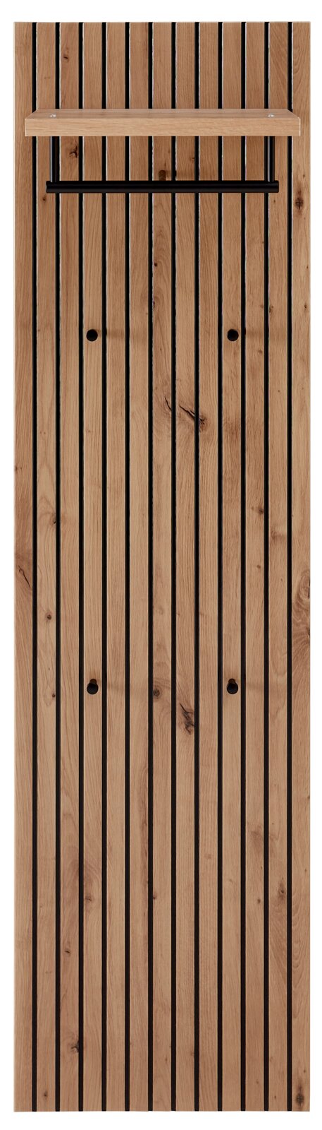 Frontale Ansicht eines Garderoben-Sets aus Holz mit schwarzen Streifen, einem Regalbrett und einer Kleiderstange.