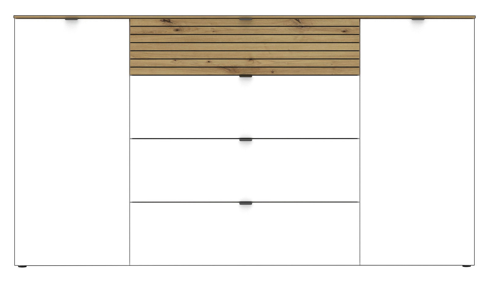 Frontale Ansicht eines modernen Sideboards mit weißen Türen und Schubladen, sowie einem oberen Abschnitt aus Holz mit horizontalen Linien.