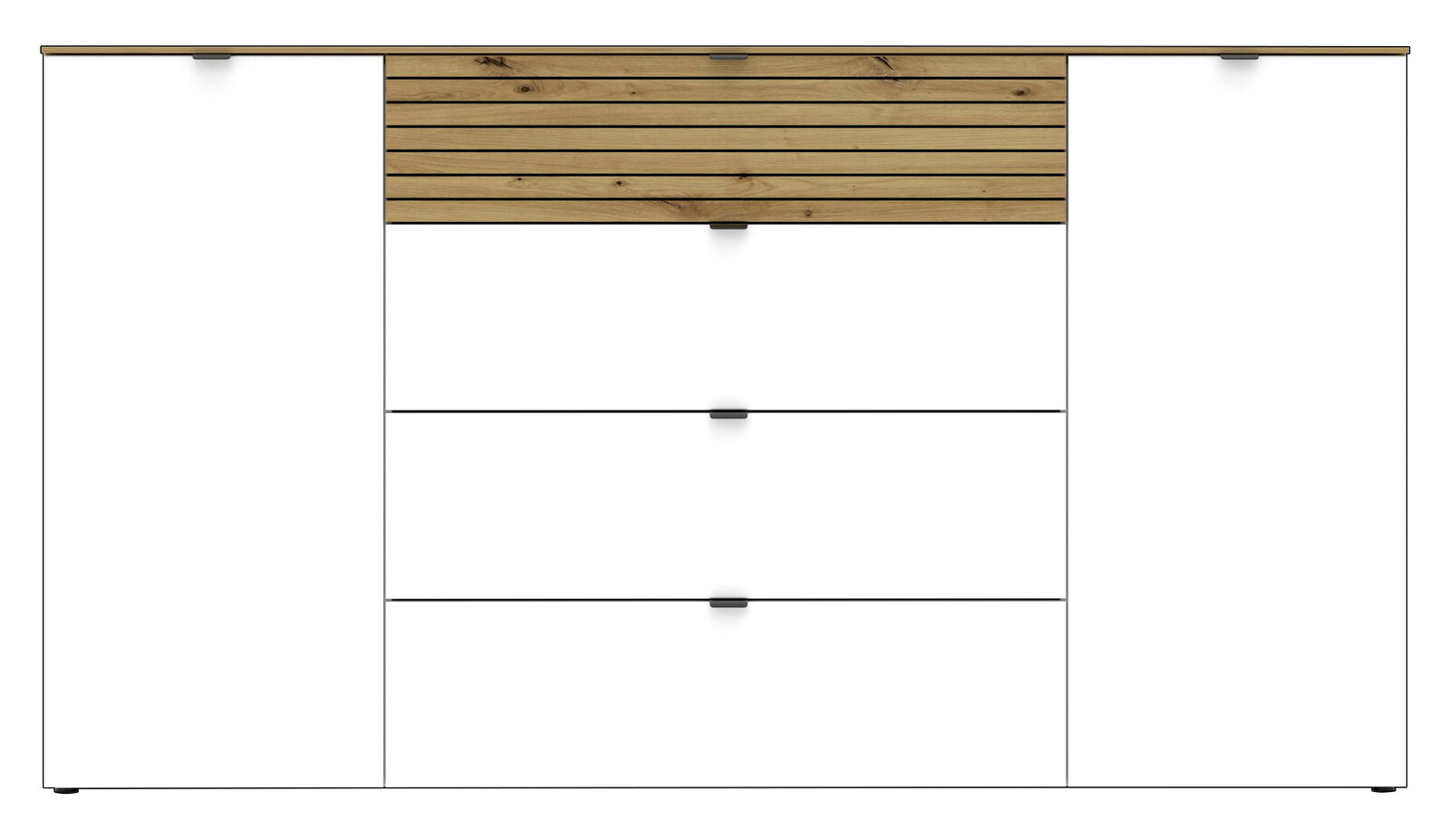 Frontale Ansicht eines modernen Sideboards mit weißen Türen und Schubladen, sowie einem oberen Abschnitt aus Holz mit horizontalen Linien.