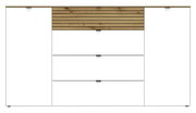 Frontale Ansicht eines modernen Sideboards mit weißen Türen und Schubladen, sowie einem oberen Abschnitt aus Holz mit horizontalen Linien.
