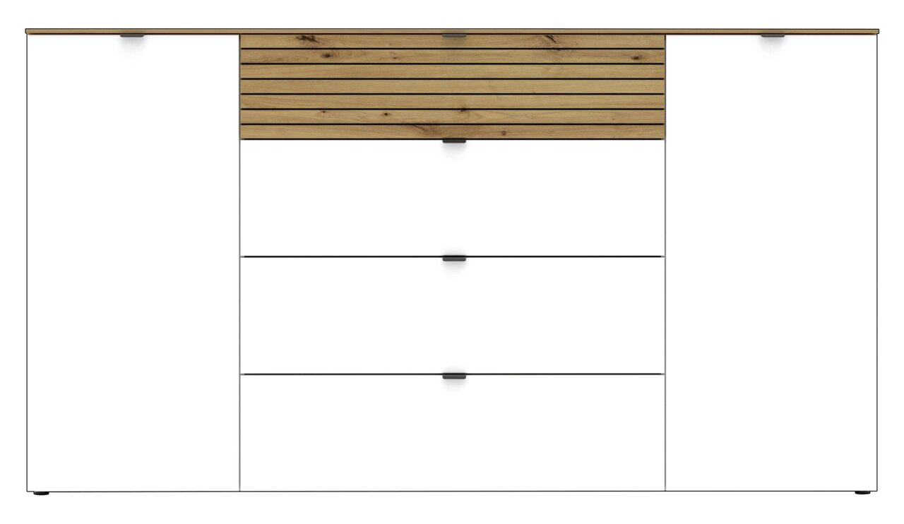 Vooraanzicht van een modern dressoir met witte deuren en lades, en een bovenkant van hout met horizontale lijnen.