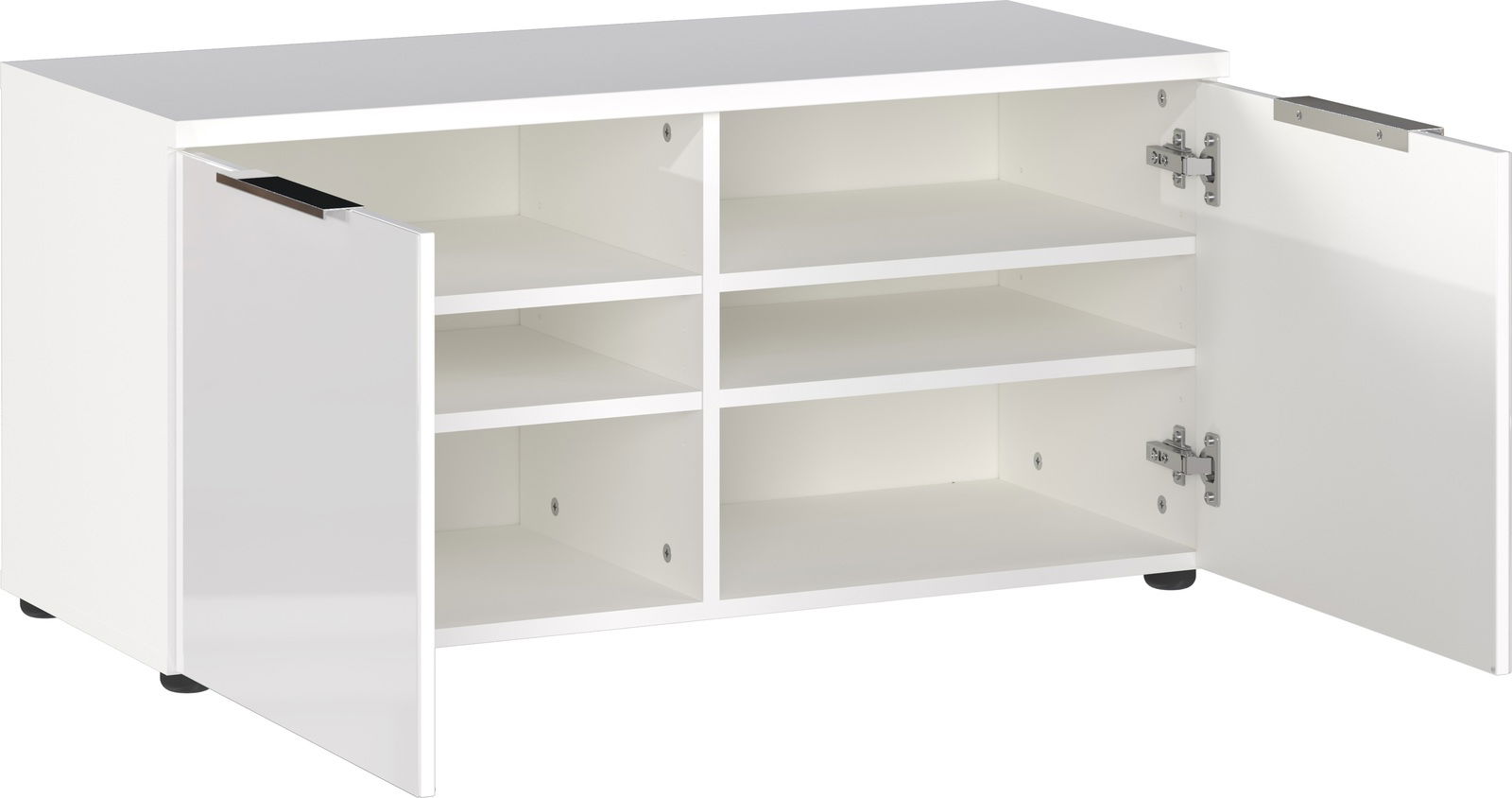 Weiße Schuhbank mit zwei offenen Türen und mehreren Regalfächern, perspektivisch von vorne rechts fotografiert.
