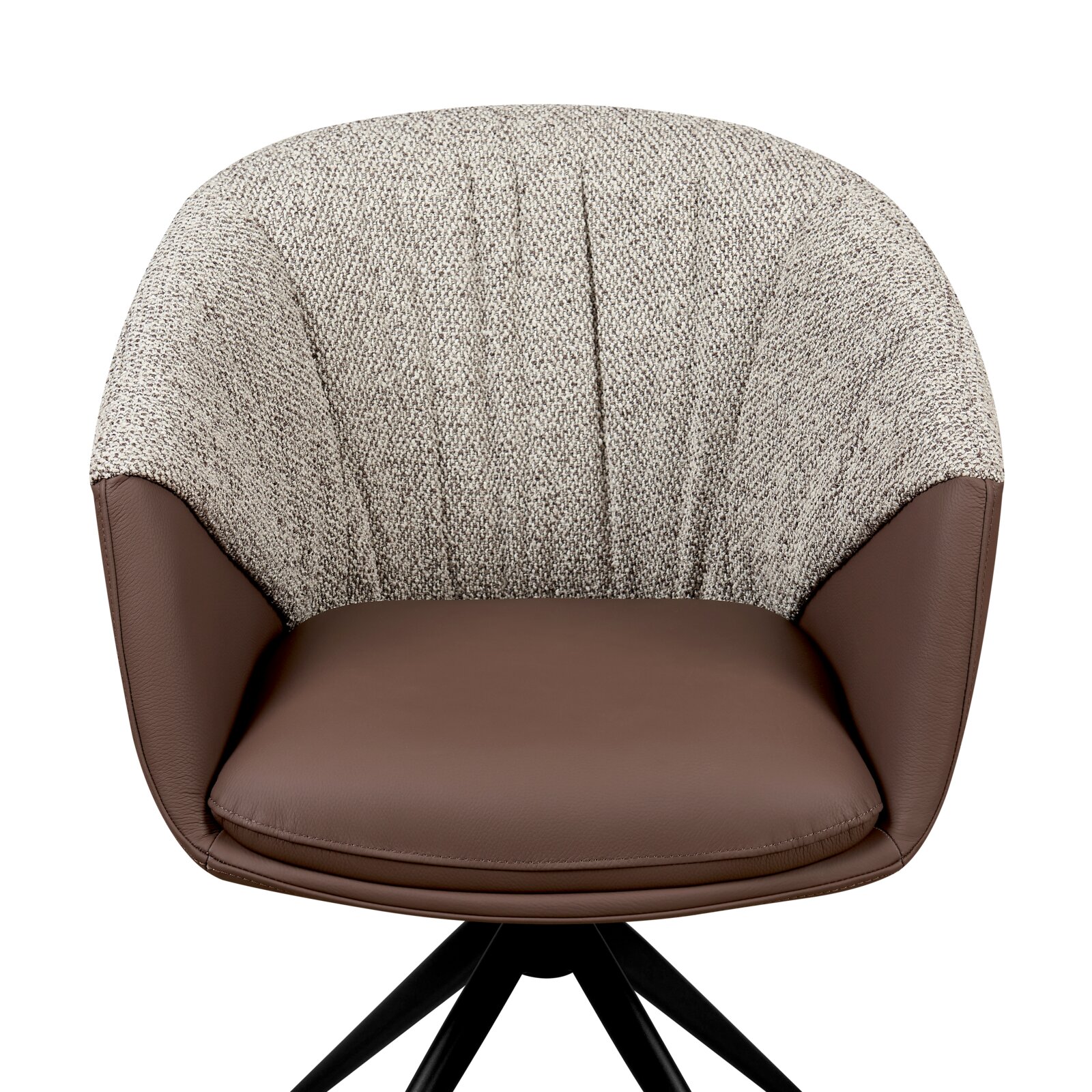 Moderne fauteuil met bruin leer en grijze stoffen bekleding, vooraanzicht