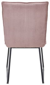 Rückansicht eines Stuhls mit rosa, geripptem Stoffbezug und schwarzen Metallbeinen.