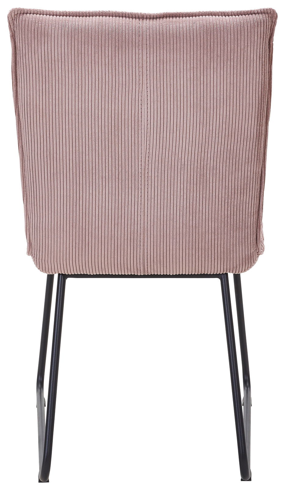 Johann Jakob Stuhl CALAS Rückansicht eines Stuhls mit rosa, geripptem Stoffbezug und schwarzen Metallbeinen.