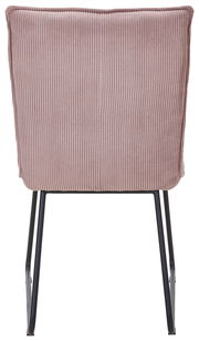 Rückansicht eines Stuhls mit rosa, geripptem Stoffbezug und schwarzen Metallbeinen.