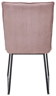 Rückansicht eines Stuhls mit rosa, geripptem Stoffbezug und schwarzen Metallbeinen.