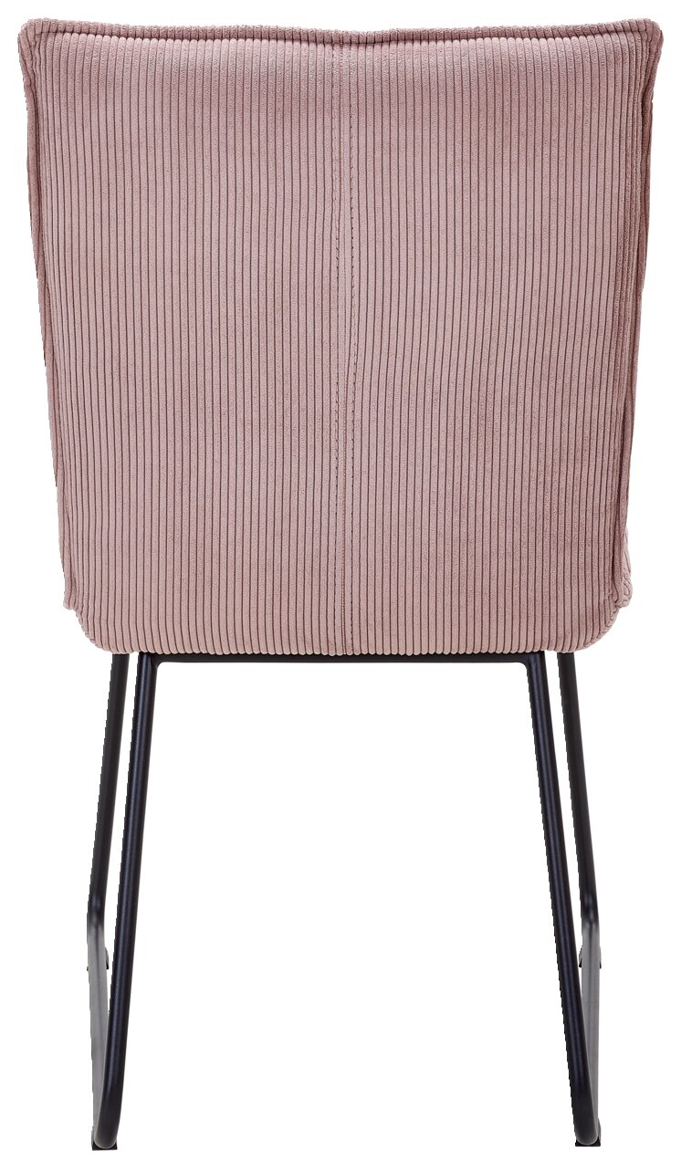 Rückansicht eines Stuhls mit rosa, geripptem Stoffbezug und schwarzen Metallbeinen.