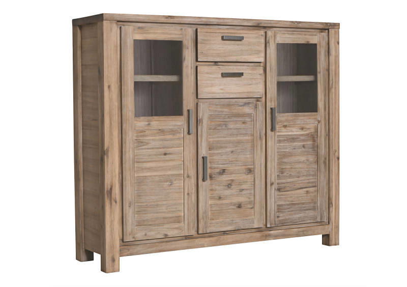 Landscape Highboard TUNIS Hochwertiges Highboard aus Holz mit zwei Glastüren, zwei Schubladen und einer Holztür, frontal betrachtet.