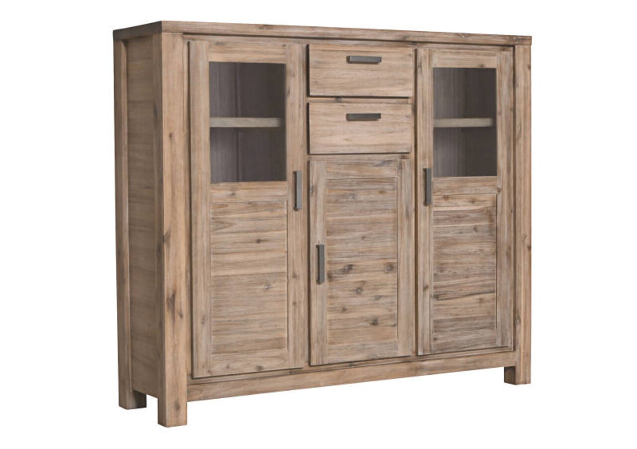 Hochwertiges Highboard aus Holz mit zwei Glastüren, zwei Schubladen und einer Holztür, frontal betrachtet.