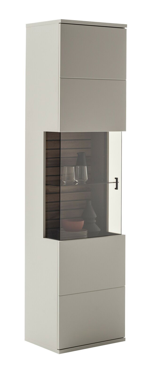 Moderne Vitrine in hellem Design mit Glaseinsatz, seitliche Perspektive