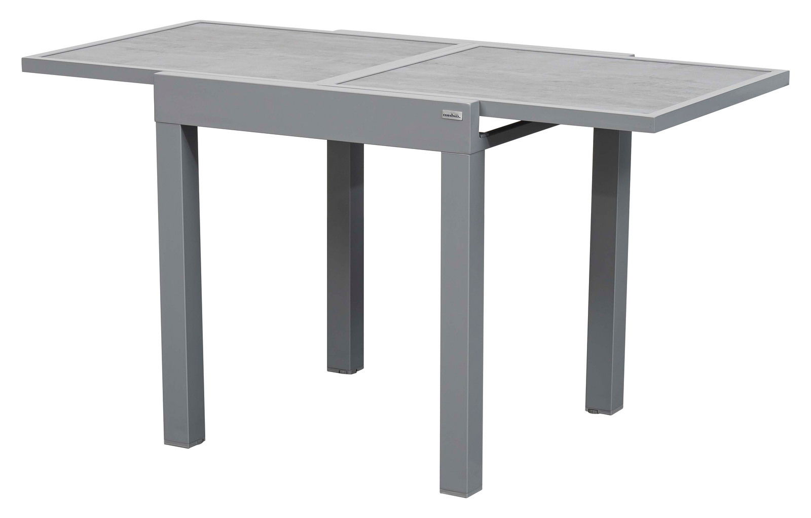 Moderner grauer Gartentisch mit erweiterbarer Tischplatte, seitliche Perspektive