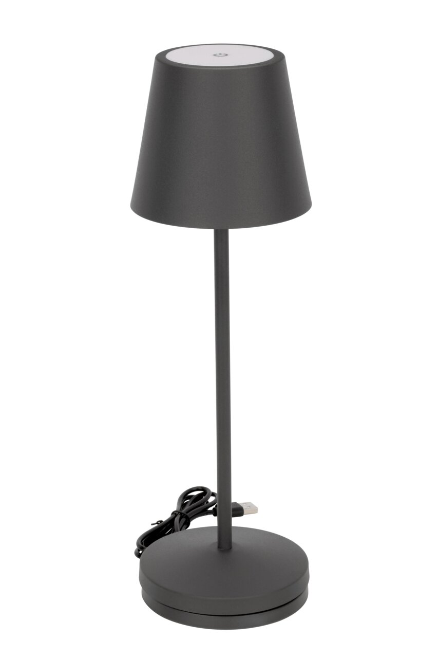 Schwarze Akku-Tischleuchte mit konischem Schirm und USB-Kabel, seitliche Perspektive