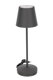 Schwarze Akku-Tischleuchte mit konischem Schirm und USB-Kabel, seitliche Perspektive