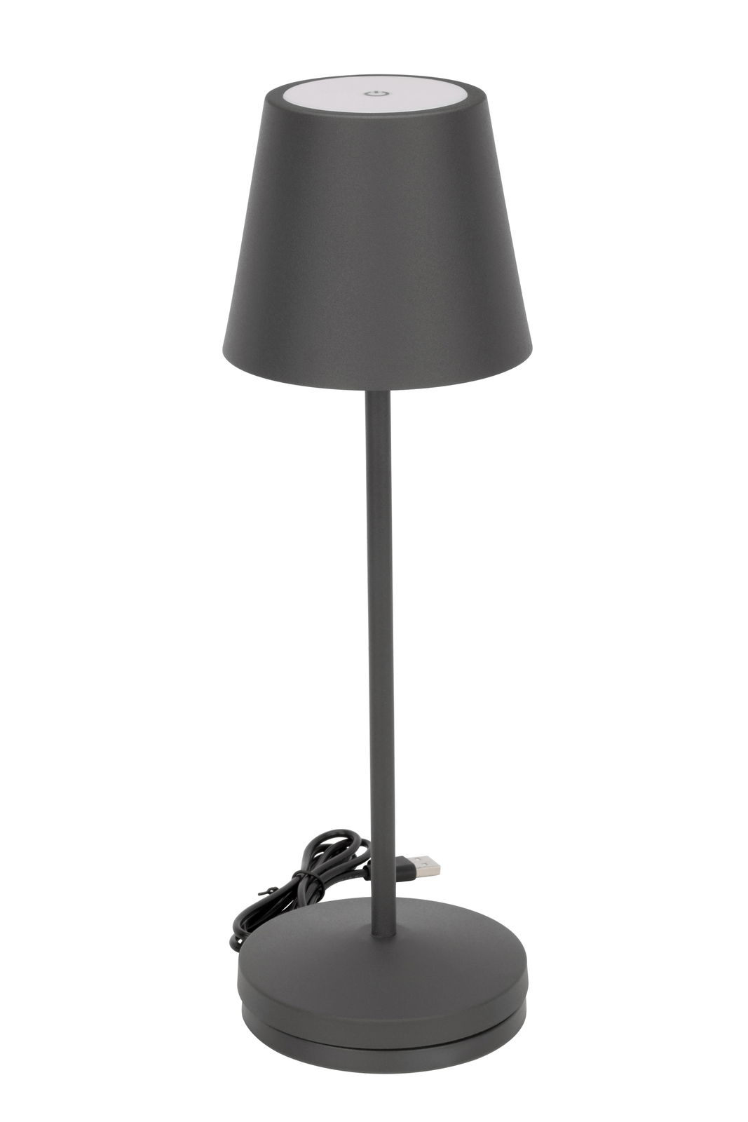Schwarze Akku-Tischleuchte mit konischem Schirm und USB-Kabel, seitliche Perspektive