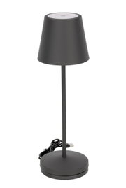 Schwarze Akku-Tischleuchte mit konischem Schirm und USB-Kabel, seitliche Perspektive