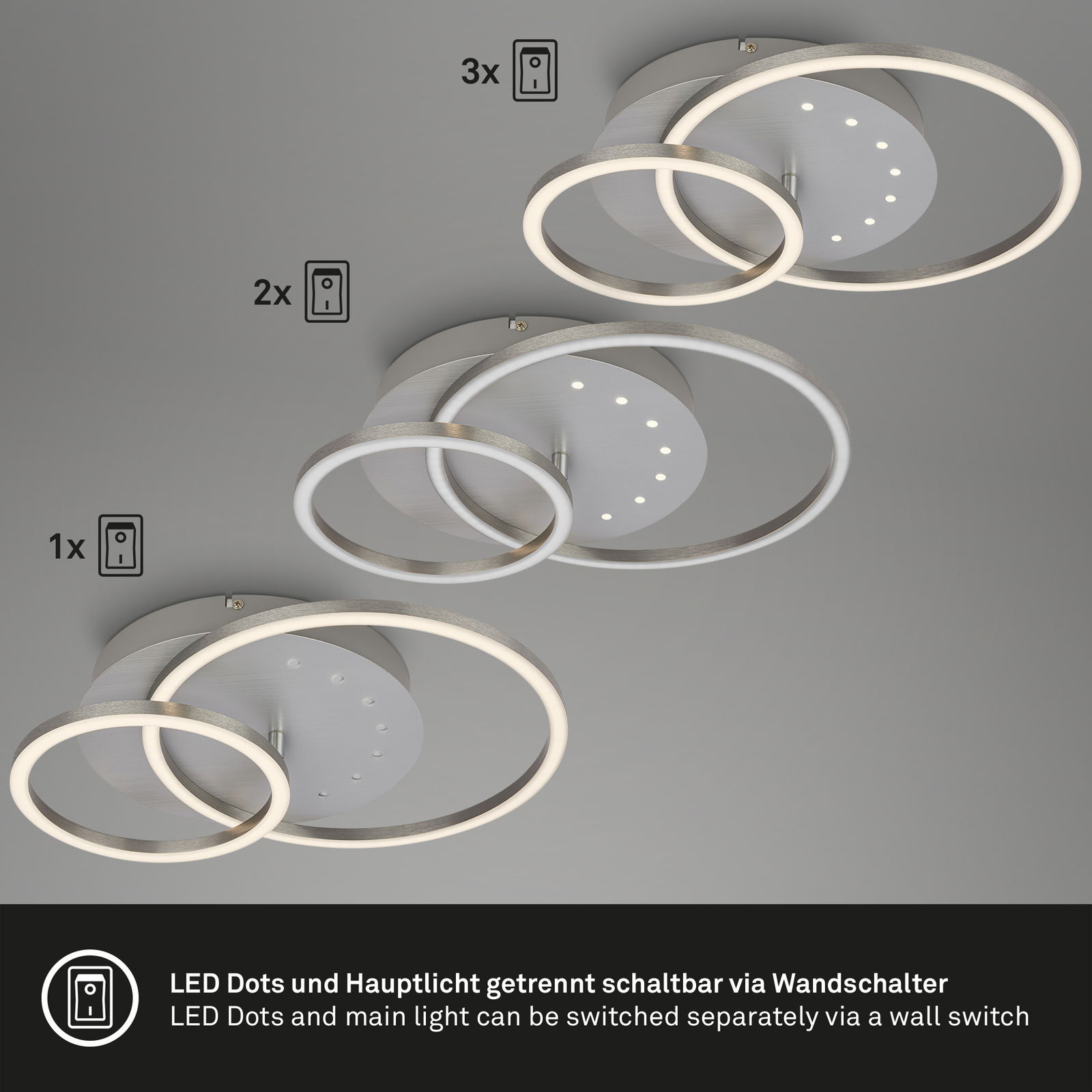 Moderne LED Deckenleuchte mit LEDDots, von unten betrachtet, zeigt drei unterschiedlich große, leuchtende Ringe und separate LED-Punkte, die über einen Wandschalter gesteuert werden können.