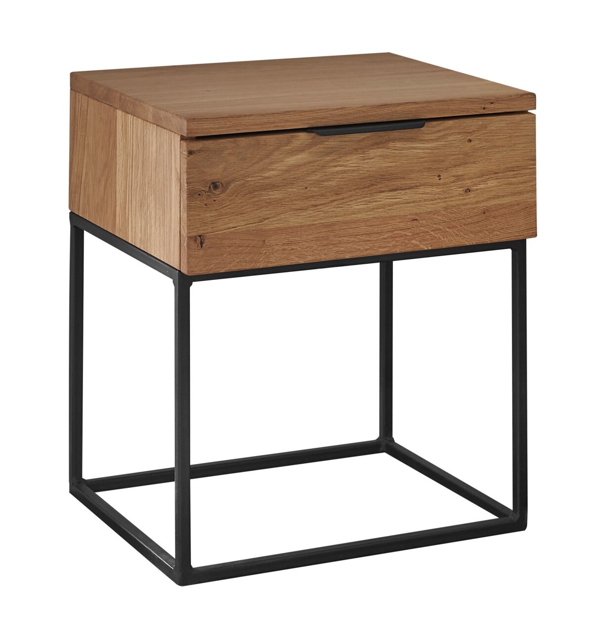Moderne Nachtkommode aus Holz mit schwarzem Metallgestell, seitliche Perspektive